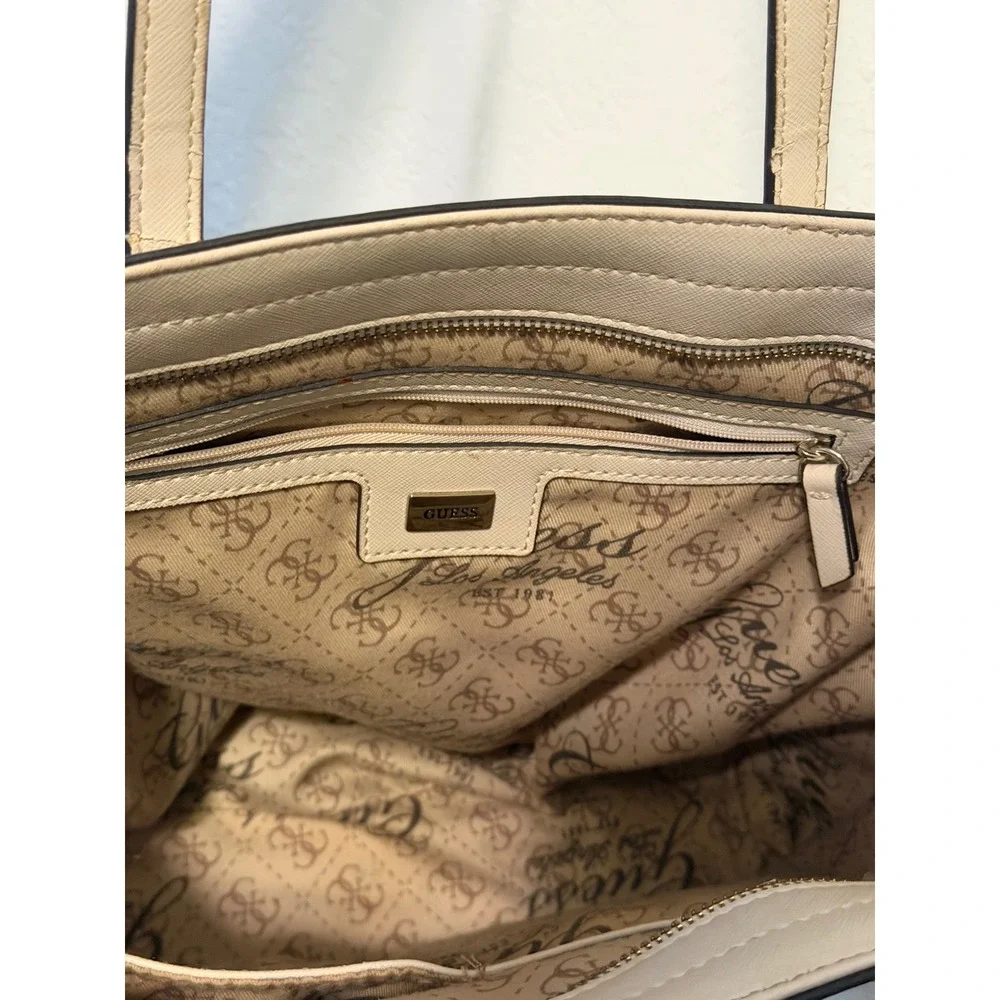 Guess Cream Saffiano PVC Tote Bag Silver Hardware Off White Shoulder Bag